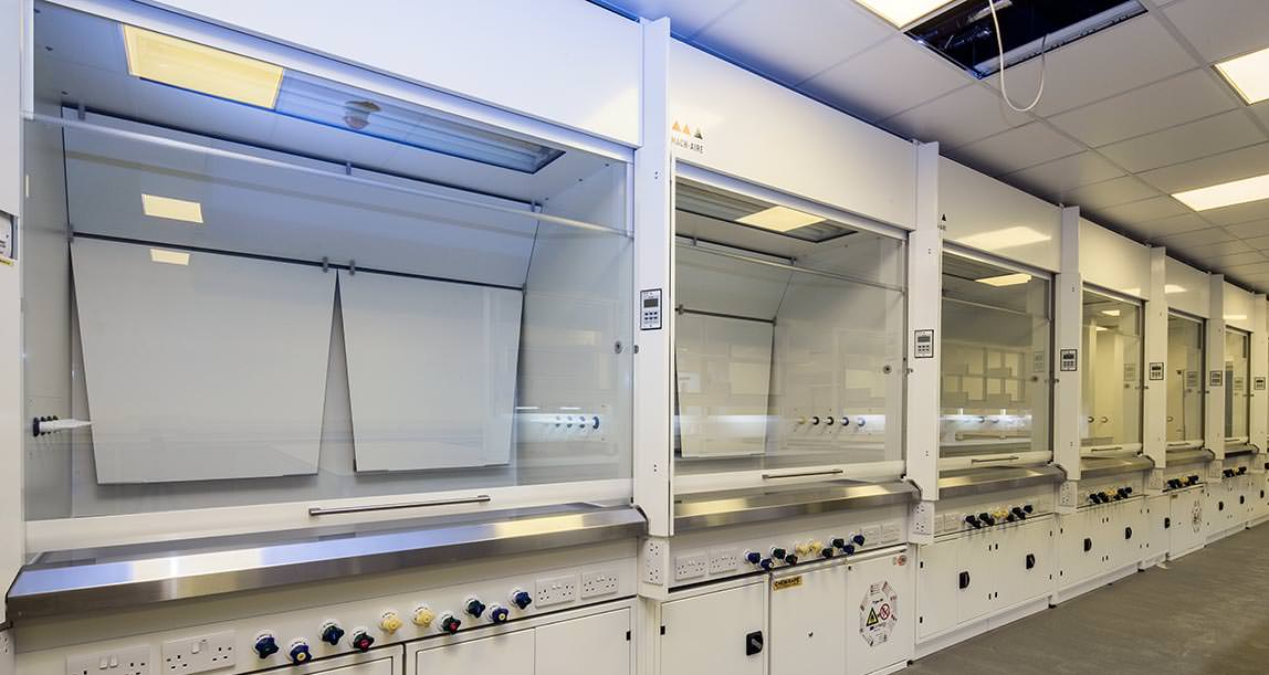 large bank of industrial laboratory fume cupboards
