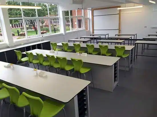 science classroom with green chairs